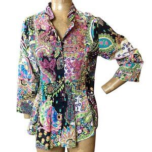 Bleu Bayou Boho Hippie Colorful Pleated Beaded Cotton Top L #328D